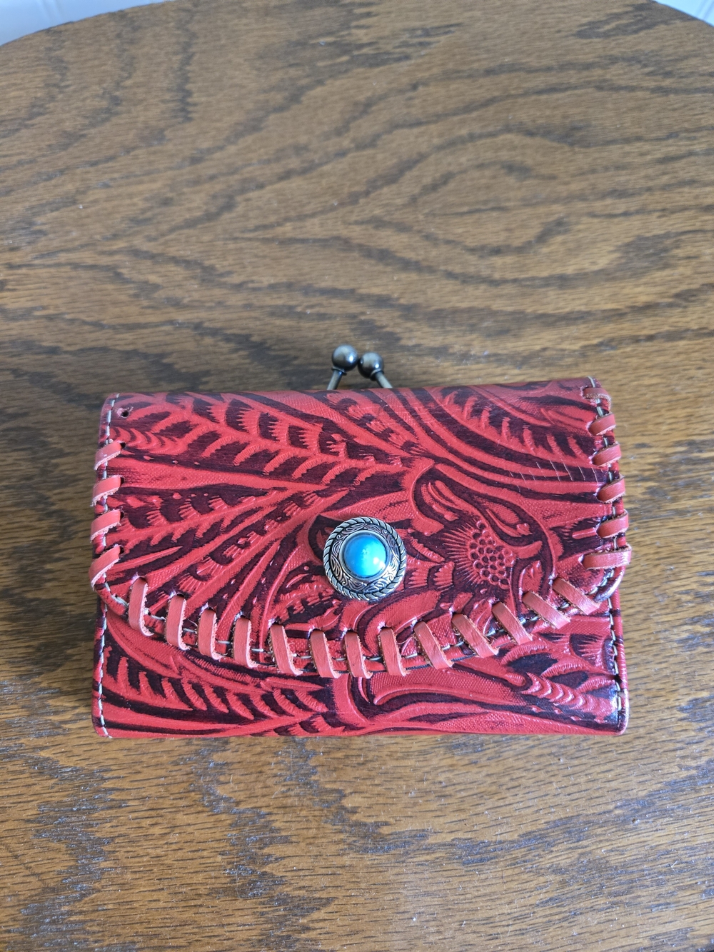 Western Red Tooled Leather Wallet with Turquoise Accent
